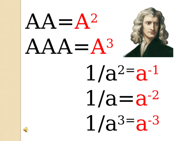 АА= А 2 ААА= А 3 1/а 2= а -1 1/а= а -2 1/а 3= а -3 