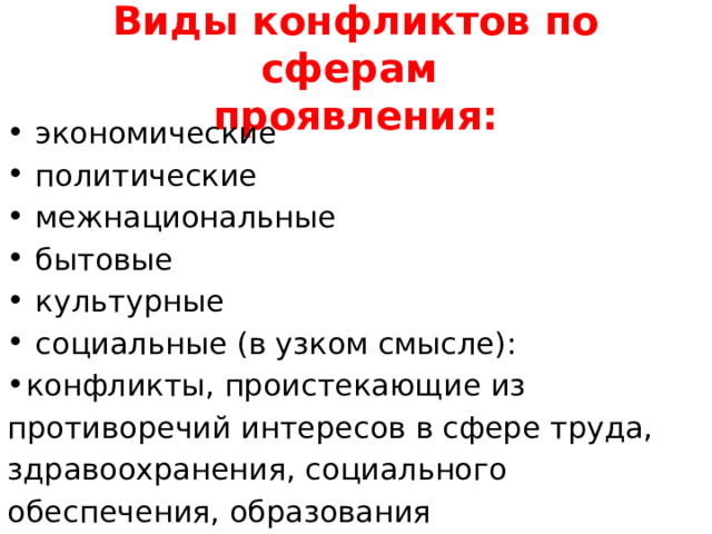 Виды конфликтов по сферам  проявления:  экономические  политические  межнациональные  бытовые  культурные  социальные (в узком смысле): конфликты, проистекающие из противоречий интересов в сфере труда, здравоохранения, социального обеспечения, образования 