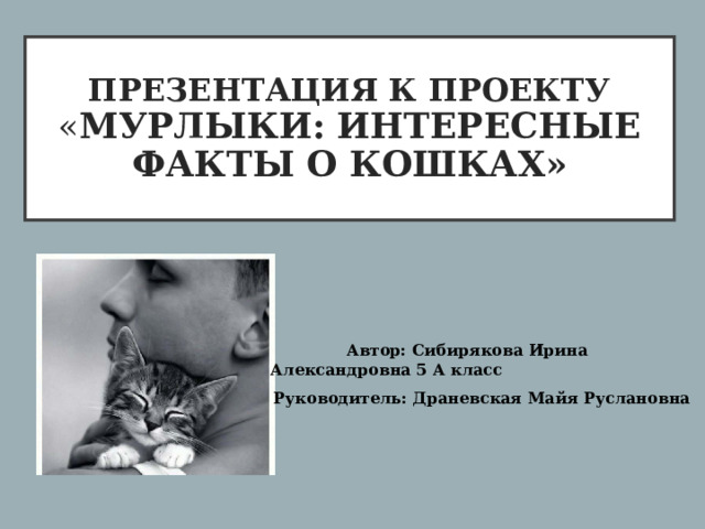 ПРЕЗЕНТАЦИЯ К ПРОЕКТУ  « МУРЛЫКИ: ИНТЕРЕСНЫЕ ФАКТЫ О КОШКАХ»  Автор: Сибирякова Ирина Александровна 5 А класс Руководитель: Драневская Майя Руслановна 