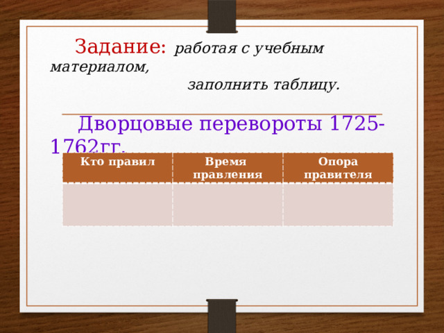  Задание: работая с учебным материалом,  заполнить таблицу.    Дворцовые перевороты 1725-1762гг.   Кто правил Время Опора правителя правления 