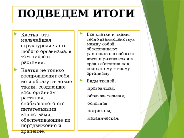 ПОДВЕДЕМ ИТОГИ Клетка- это мельчайшая структурная часть любого организма, в том числе и растения. Клетки не только воспроизводят себя, но и образуют новые ткани, создающие весь организм растения, снабжающего его питательными веществами, обеспечивающие их передвижение и хранение. Все клетки и ткани, тесно взаимодействуя между собой, обеспечивают растению способность жить и развиваться в среде обитания как целостному живому организму. Виды тканей:  проводящая,  образовательная,  основная,  покровная,  механическая. 