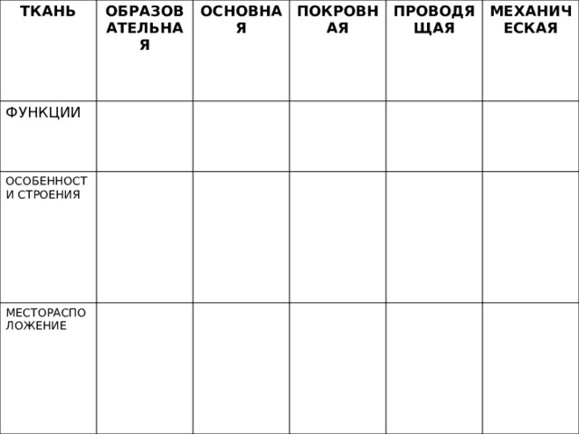 ТКАНЬ ОБРАЗОВАТЕЛЬНАЯ ФУНКЦИИ ОСНОВНАЯ ОСОБЕННОСТИ СТРОЕНИЯ ПОКРОВНАЯ МЕСТОРАСПОЛОЖЕНИЕ ПРОВОДЯЩАЯ МЕХАНИЧЕСКАЯ 