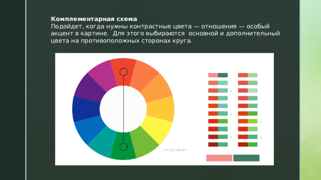Комплементарная схема Подойдет, когда нужны контрастные цвета — отношения — особый акцент в картине. Для этого выбираются основной и дополнительный цвета на противоположных сторонах круга. 