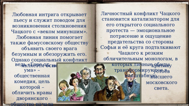 Личностный конфликт Чацкого становится катализатором для его открытого социального протеста — эмоциональное потрясение и ощущение предательства со стороны Софьи и её круга подталкивают Чацкого к резким обличительным монологам, в которых личные обиды трансформируются в масштабную Любовная интрига открывает пьесу и служит поводом для возникновения столкновения Чацкого с «веком минувшим». Любовная линия помогает также фамусовскому обществу объявить своего врага безумным и обезоружить его. Однако социальный конфликт является основным, ведь «Горе от ума» – общественная комедия, цель которой – обличить нравы дворянского общества начала 19 века. критику устоев высшего московского света. 