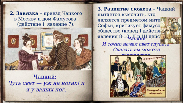 3. Развитие сюжета – Чацкий пытается выяснить, кто является предметом интереса Софьи, критикует фамусовское общество (конец I действия, явления 8-10, II и III действия). 2. Завязка – приезд Чацкого в Москву и дом Фамусова (действие I, явление 7). Чацкий И точно начал свет глупеть, Сказать вы можете вздохнувши; Чацкий: Чуть свет — уж на ногах! и я у ваших ног. 