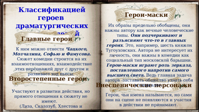 Классификацией героев драматургических произведений Герои-маски Их образы предельно обобщены, они важны автору как вечные человеческие типы. Они подчеркивают и разъясняют что-то в главных героях . Это, например, шесть княжон Тугоуховских. Автора не интересует их личность, они важны в комедии как социальный тип московской барышни. Герои-маски играют роль зеркала, поставленного напротив самого высшего света. Ведь главная задача автора -заставить общество узнать себя в «зеркале». Главные герои К ним можно отнести Чацкого, Молчалина, Софью и Фамусова. Сюжет комедии строится на их взаимоотношениях, взаимодействие этих персонажей друг с другом и развивает ход пьесы. Второстепенные герои Внесценические персонажи Участвуют в развитии действия, но прямого отношения к сюжету не имеют. (Лиза, Скалозуб, Хлестова и другие). Герои, чьи имена называются, но сами они на сцене не появляются и участия в действии не принимают. 