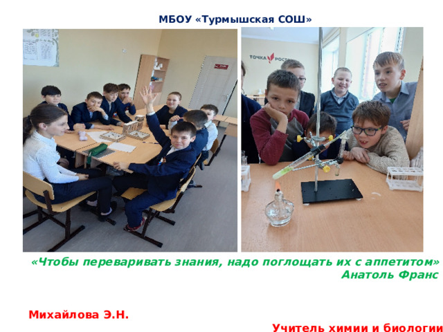 МБОУ «Турмышская СОШ» «Чтобы переваривать знания, надо поглощать их с аппетитом»  Анатоль Франс   Михайлова Э.Н. Учитель химии и биологии   