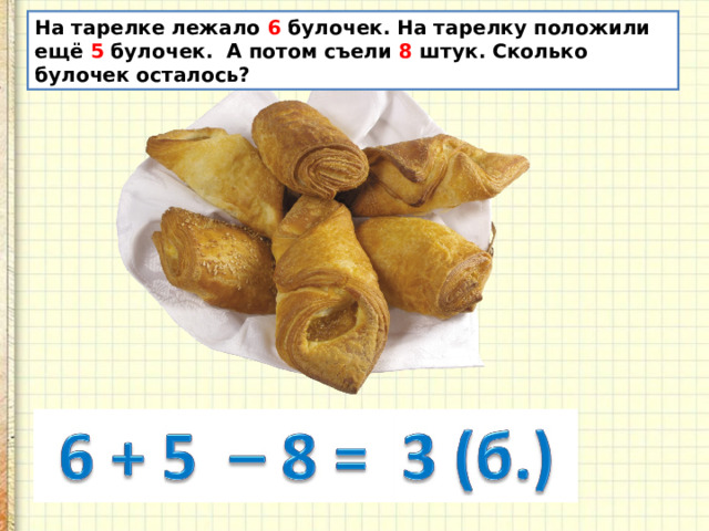 На тарелке лежало 6 булочек. На тарелку положили ещё 5 булочек. А потом съели 8 штук. Сколько булочек осталось? 