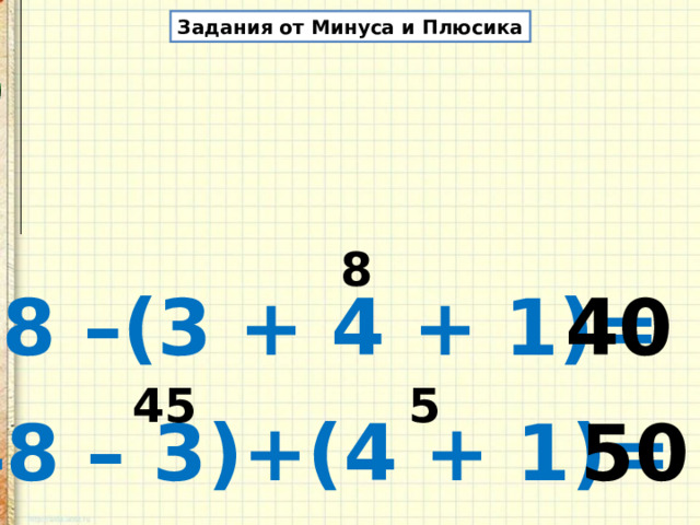 Задания от Минуса и Плюсика 8 48 –(3 + 4 + 1)= 40 45 5 (48 – 3)+(4 + 1)= 50 