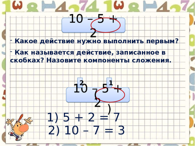 10 – 5 + 2  Какое действие нужно выполнить первым?  Как называется действие, записанное в скобках? Назовите компоненты сложения. 1 2 ( ) 10 – 5 + 2 1) 5 + 2 = 7 2) 10 – 7 = 3 