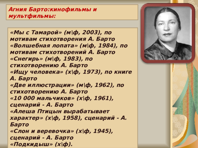 Агния Барто:кинофильмы и мультфильмы: «Мы с Тамарой» (м\ф, 2003), по мотивам стихотворения А. Барто  «Волшебная лопата» (м\ф, 1984), по мотивам стихотворений А. Барто  «Снегирь» (м\ф, 1983), по стихотворению А. Барто  «Ищу человека» (х\ф, 1973), по книге А. Барто  «Две иллюстрации» (м\ф, 1962), по стихотворению А. Барто  «10 000 мальчиков» (х\ф, 1961), сценарий - А. Барто  «Алеша Птицын вырабатывает характер» (х\ф, 1958), сценарий - А. Барто  «Слон и веревочка» (х\ф, 1945), сценарий - А. Барто  «Подкидыш» (х\ф). 