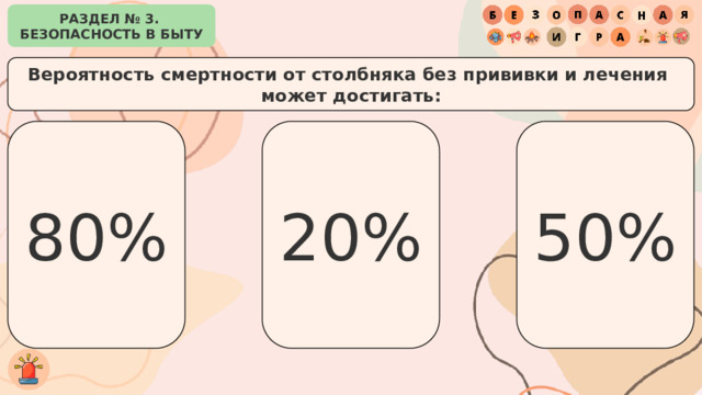 РАЗДЕЛ № 3. БЕЗОПАСНОСТЬ В БЫТУ Вероятность смертности от столбняка без прививки и лечения может достигать: 80% 50% 20% 