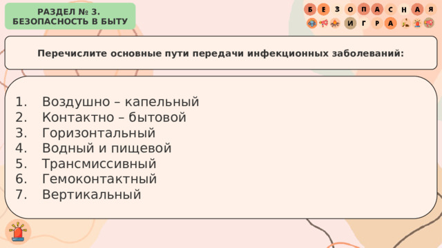 РАЗДЕЛ № 3. БЕЗОПАСНОСТЬ В БЫТУ Перечислите основные пути передачи инфекционных заболеваний: Воздушно – капельный Контактно – бытовой Горизонтальный Водный и пищевой Трансмиссивный Гемоконтактный Вертикальный 