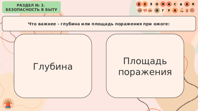 РАЗДЕЛ № 3. БЕЗОПАСНОСТЬ В БЫТУ Что важнее - глубина или площадь поражения при ожоге: Площадь поражения Глубина 