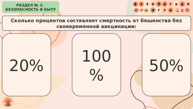 РАЗДЕЛ № 3. БЕЗОПАСНОСТЬ В БЫТУ Сколько процентов составляет смертность от бешенства без своевременной вакцинации: 20% 50% 100% 