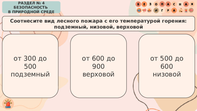 РАЗДЕЛ № 4 БЕЗОПАСНОСТЬ  В ПРИРОДНОЙ СРЕДЕ Соотнесите вид лесного пожара с его температурой горения: подземный, низовой, верховой от 300 до 500 от 500 до 600 от 600 до 900 подземный низовой верховой 