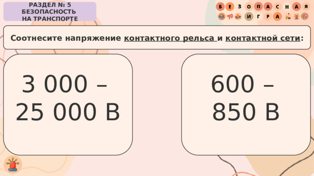 РАЗДЕЛ № 5 БЕЗОПАСНОСТЬ  НА ТРАНСПОРТЕ Соотнесите напряжение контактного рельса и контактной сети : 3 000 –  25 000 В 600 – 850 В 