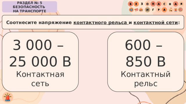 РАЗДЕЛ № 5 БЕЗОПАСНОСТЬ  НА ТРАНСПОРТЕ Соотнесите напряжение контактного рельса и контактной сети : 3 000 –  25 000 В 600 – Контактная сеть 850 В Контактный рельс 