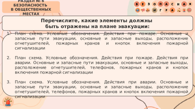 РАЗДЕЛ № 6 БЕЗОПАСНОСТЬ  В ОБЩЕСТВЕННЫХ МЕСТАХ Перечислите, какие элементы должны  быть отражены на плане эвакуации: План схема. Условные обозначения. Действия при пожаре. Основные и запасные пути эвакуации, основные и запасные выходы, расположение огнетушителей, пожарных кранов и кнопок включения пожарной сигнализации План схема. Условные обозначения. Действия при пожаре. Действия при аварии. Основные и запасные пути эвакуации, основные и запасные выходы, расположение огнетушителей, телефонов, пожарных кранов и кнопок включения пожарной сигнализации План схема. Условные обозначения. Действия при аварии. Основные и запасные пути эвакуации, основные и запасные выходы, расположение огнетушителей, телефонов, пожарных кранов и кнопок включения пожарной сигнализации 