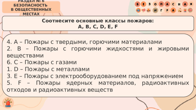 РАЗДЕЛ № 6 БЕЗОПАСНОСТЬ  В ОБЩЕСТВЕННЫХ МЕСТАХ Соотнесите основные классы пожаров: A, B, C, D, E, F 4. A – Пожары с твердыми, горючими материалами 2. B – Пожары с горючими жидкостями и жировыми веществами 6. C – Пожары с газами 1. D – Пожары с металлами 3. E – Пожары с электрооборудованием под напряжением 5. F – Пожары ядерных материалов, радиоактивных отходов и радиоактивных веществ 