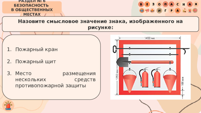 РАЗДЕЛ № 6 БЕЗОПАСНОСТЬ  В ОБЩЕСТВЕННЫХ МЕСТАХ Назовите смысловое значение знака, изображенного на рисунке: Пожарный кран Пожарный щит Место размещения нескольких средств противопожарной защиты 
