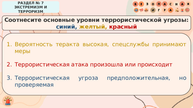 РАЗДЕЛ № 7 ЭКСТРЕМИЗМ И ТЕРРОРИЗМ Соотнесите основные уровни террористической угрозы: синий, желтый, красный Вероятность теракта высокая, спецслужбы принимают меры Террористическая атака произошла или происходит Террористическая угроза предположительная, но проверяемая 
