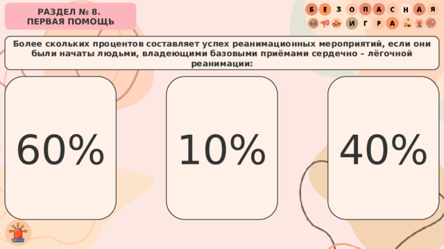 РАЗДЕЛ № 8. ПЕРВАЯ ПОМОЩЬ Более скольких процентов составляет успех реанимационных мероприятий, если они были начаты людьми, владеющими базовыми приёмами сердечно – лёгочной реанимации: 60% 40% 10% 