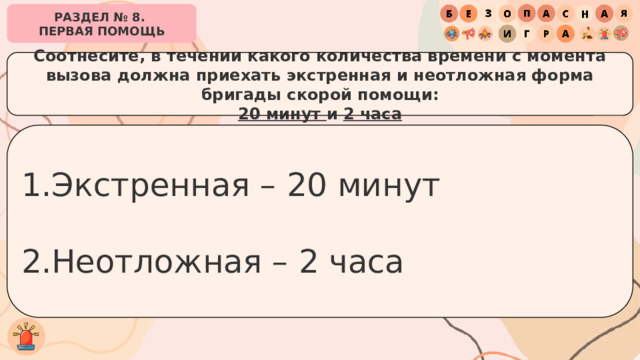 РАЗДЕЛ № 8. ПЕРВАЯ ПОМОЩЬ Соотнесите, в течении какого количества времени с момента вызова должна приехать экстренная и неотложная форма бригады скорой помощи: 20 минут и 2 часа Экстренная – 20 минут Неотложная – 2 часа 