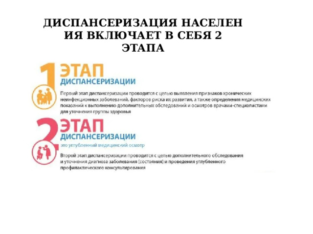 ДИСПАНСЕРИЗАЦИЯ НАСЕЛЕНИЯ ВКЛЮЧАЕТ В СЕБЯ   2 ЭТАПА 