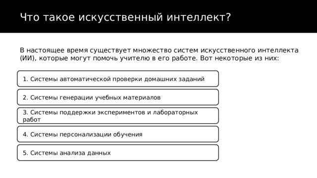 Что такое искусственный интеллект? В настоящее время существует множество систем искусственного интеллекта (ИИ), которые могут помочь учителю в его работе. Вот некоторые из них: 1. Системы автоматической проверки домашних заданий 2. Системы генерации учебных материалов 3. Системы поддержки экспериментов и лабораторных работ 4. Системы персонализации обучения 5. Системы анализа данных 