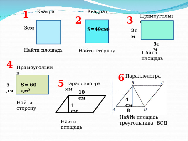 1 Квадрат Квадрат Прямоугольник 3 2 3см S= 49 см 2  2см 5см Найти площадь Найти сторону Найти площадь 4 Прямоугольник 6 Параллелограмм 5 Параллелограмм 5 дм S= 60 д м 2  10 см 4 см Найти сторону 1 см 8 см Найти площадь треугольника ВСД Найти площадь 