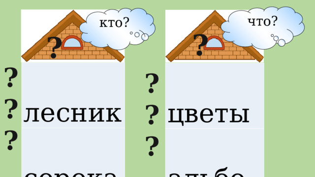 что? кто? ? ? ? ? ?  лесник  сорока  девочка    цветы  альбом  краски ? ? ?  3 