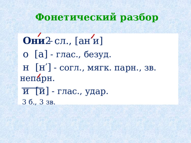 Фонетический разбор  Они – 2 сл., [ан′и]  о [а] - глас., безуд.  н [н′] - согл., мягк. парн., зв. непарн.  и [и] - глас., удар.  3 б., 3 зв. 