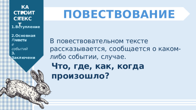 КАК ПОВЕСТВОВАНИЕ СТРОИТСЯ ТЕКСТ Вступление Основная  часть В  повествовательном  тексте  рассказывается, сообщается  о  каком- либо  событии,  случае. Развитие событий 3.  Заключение Что,  где,  как,  когда  произошло? 