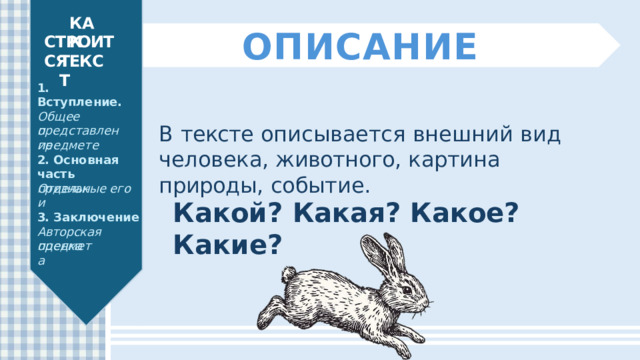 КАК ОПИСАНИЕ СТРОИТСЯ ТЕКСТ 1.  Вступление. Общее представление В  тексте  описывается  внешний  вид  человека, животного,  картина  природы,  событие. о  предмете 2.  Основная  часть Отдельные  его признаки Какой?  Какая?  Какое?  Какие? 3.  Заключение Авторская  оценка предмета 