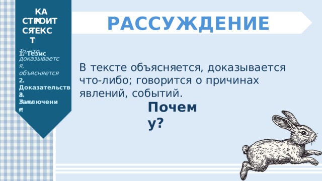 КАК РАССУЖДЕНИЕ СТРОИТСЯ ТЕКСТ 1.  Тезис То, что доказывается, объясняется В  тексте  объясняется,  доказывается  что- либо; говорится  о  причинах  явлений,  событий. 2.  Доказательства 3.  Заключение Вывод Почему? 