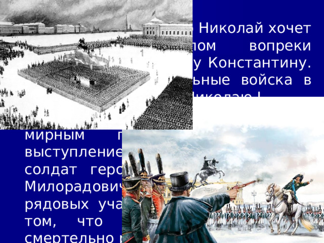 10/19/25 Однако предупреждённый о готовящемся выступлении Николай провёл присягу Сената, Синода и Госсовета ночью. П.Г. Каховский, которому было поручено в случае необходимости убить Николая, отказался это сделать. Диктатор восстания С.П. Трубецкой вовсе не прибыл к войскам. На сенатскую площадь утром 14 декабря были выведены 3 тыс. человек. Солдаты не подозревали об истинных целях выступления.  