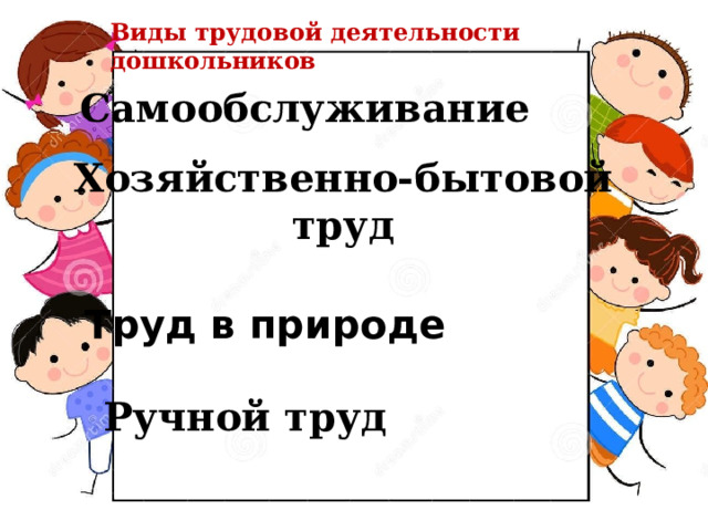 Виды трудовой деятельности дошкольников Самообслуживание Хозяйственно-бытовой труд Труд в природе Ручной труд 