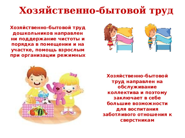 Хозяйственно-бытовой труд Хозяйственно-бытовой труд дошкольников направлен ни поддержание чистоты и порядка в помещении и на участке, помощь взрослым при организации режимных процессов Хозяйственно-бытовой труд направлен на обслуживание коллектива и поэтому заключает в себе большие возможности для воспитания заботливого отношения к сверстникам 