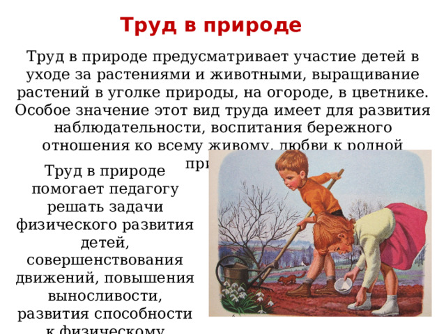 Труд в природе Труд в природе предусматривает участие детей в уходе за растениями и животными, выращивание растений в уголке природы, на огороде, в цветнике. Особое значение этот вид труда имеет для развития наблюдательности, воспитания бережного отношения ко всему живому, любви к родной природе. Труд в природе помогает педагогу решать задачи физического развития детей, совершенствования движений, повышения выносливости, развития способности к физическому усилию. 