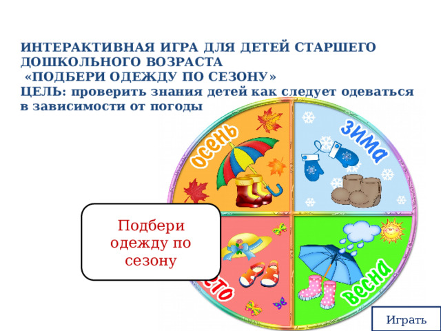 ИНТЕРАКТИВНАЯ ИГРА ДЛЯ ДЕТЕЙ СТАРШЕГО ДОШКОЛЬНОГО ВОЗРАСТА  «ПОДБЕРИ ОДЕЖДУ ПО СЕЗОНУ» ЦЕЛЬ: проверить знания детей как следует одеваться в зависимости от погоды Подбери одежду по сезону Играть 