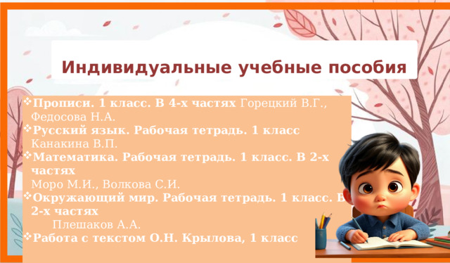 Индивидуальные учебные пособия Прописи. 1 класс. В 4-х частях Горецкий В.Г., Федосова Н.А. Русский язык. Рабочая тетрадь. 1 класс  Канакина В.П. Математика. Рабочая тетрадь. 1 класс. В 2-х частях  Моро М.И., Волкова С.И. Окружающий мир. Рабочая тетрадь. 1 класс. В 2-х частях  Плешаков А.А.  Работа с текстом О.Н. Крылова, 1 класс    9 