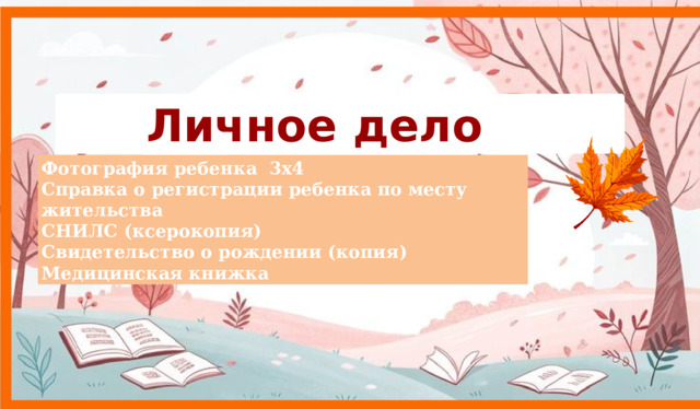 Личное дело   Фотография ребенка 3х4 Справка о регистрации ребенка по месту жительства СНИЛС (ксерокопия) Свидетельство о рождении (копия) Медицинская книжка 9 