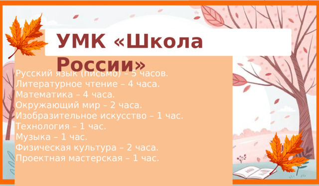 УМК «Школа России» Русский язык (письмо) – 5 часов. Литературное чтение – 4 часа. Математика – 4 часа. Окружающий мир – 2 часа. Изобразительное искусство – 1 час. Технология – 1 час. Музыка – 1 час. Физическая культура – 2 часа. Проектная мастерская – 1 час.    9 