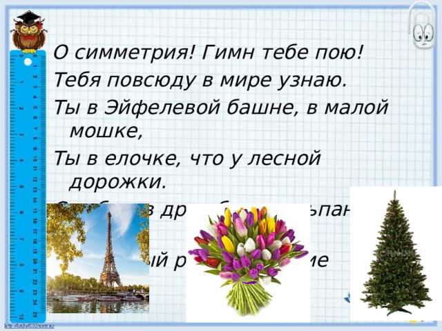 О симметрия! Гимн тебе пою! Тебя повсюду в мире узнаю. Ты в Эйфелевой башне, в малой мошке, Ты в елочке, что у лесной дорожки. С тобою в дружбе и тюльпан, и роза. И снежный рой - творение мороза. 
