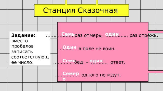 Станция Сказочная Семь один Задание:   ……………… раз отмерь, …………... раз отрежь . вместо пробелов записать соответствующее число. Один … ........ в поле не воин. Семь один  ………… . бед – ……….. ответ. Семеро …………… .. одного не ждут. 
