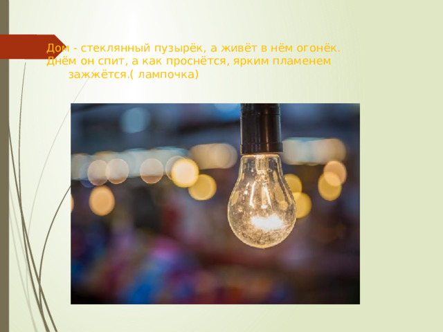 Дом - стеклянный пузырёк, а живёт в нём огонёк. Днём он спит, а как проснётся, ярким пламенем     зажжётся.( лампочка) 