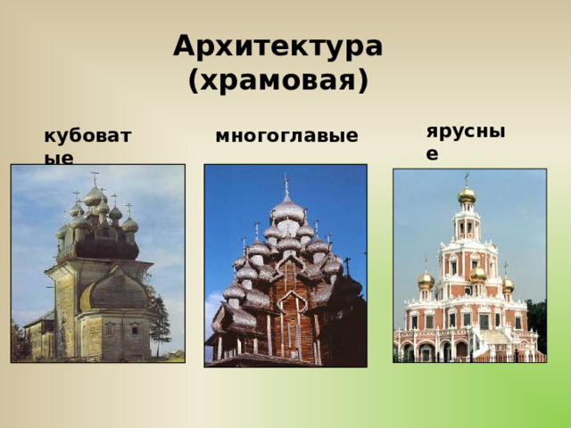 Архитектура (храмовая) ярусные кубоватые многоглавые 