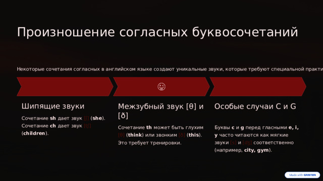 Произношение согласных буквосочетаний Некоторые сочетания согласных в английском языке создают уникальные звуки, которые требуют специальной практики. Шипящие звуки Межзубный звук [θ] и [ð] Особые случаи C и G Сочетание sh дает звук [ʃ] ( she ). Сочетание ch дает звук [tʃ] ( children ). Сочетание th может быть глухим [θ] ( think ) или звонким [ð] ( this ). Это требует тренировки. Буквы c и g перед гласными e, i, y часто читаются как мягкие звуки [s] и [dʒ] соответственно (например, city, gym ).  