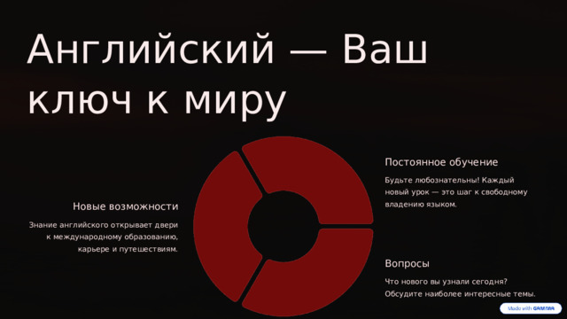 Английский — Ваш ключ к миру Постоянное обучение Будьте любознательны! Каждый новый урок — это шаг к свободному владению языком. Новые возможности Знание английского открывает двери к международному образованию, карьере и путешествиям. Вопросы Что нового вы узнали сегодня? Обсудите наиболее интересные темы.  